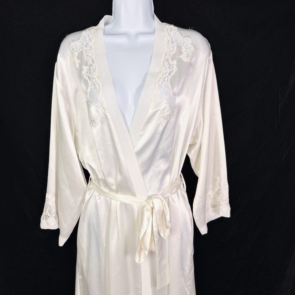 Vintage Oscar de la Renta Satin Lace Trim Long Wrap Robe Small Ivory White